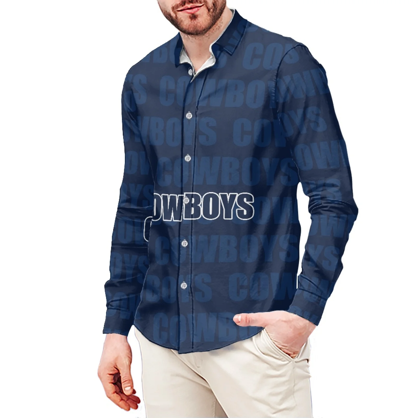 Blue Letters Cowboys Printed Slim T-Shirt Polynesian Samoa Hawaiian Style Long Sleeve Shirt Men's Dress Shirt Wedding S-6x