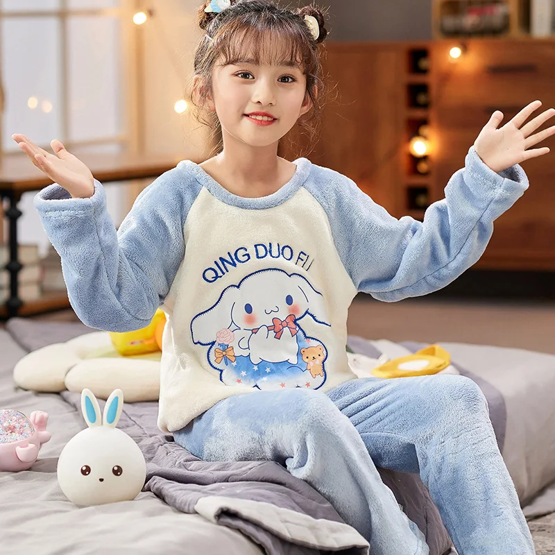 

Kawaii Sanrio Pajamas Cinnamoroll Kuromi Cartoon Anime Cute Autumn Winter Styles Children's Clothing Flannel Pajamas Suit