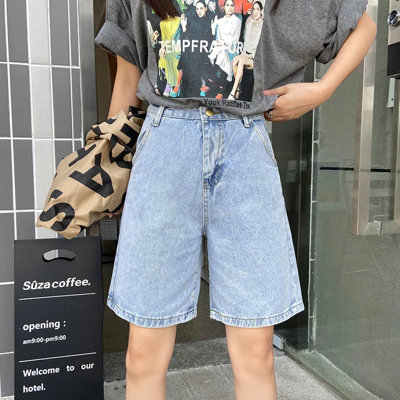 New Summer Women High Waist Wide Leg Black Denim Shorts Casual Female Loose Straight Button Jeans Bermuda Shorts