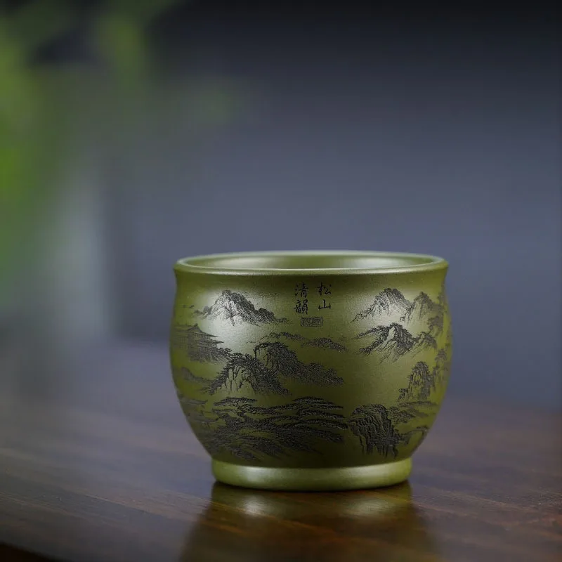 

220 мл чайная чашка ручной работы Исин из фиолетовой глины с гравировкой сосновой горной мастер-чашка из необработанной руды, зеленая грязевая чаша для чая, дегустация кружек Чашань Цзыша