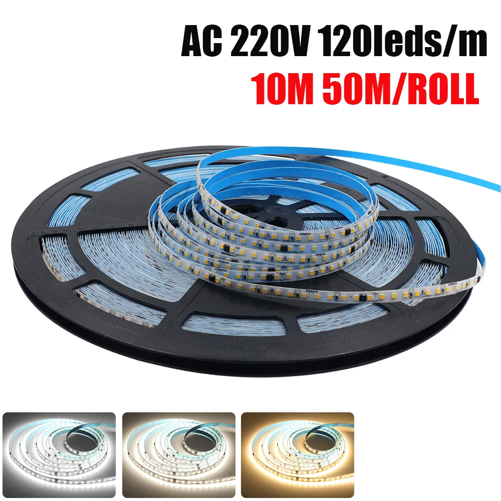 

10M 50M/Roll LED Strip AC 220V 240V NO Need Driver IP65 Waterproof 3000K 4000K 2835 120Leds/M Flexible Ribbon Rope Tape Light