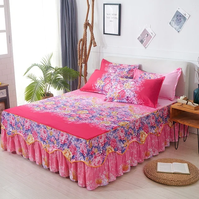 3Pcs Bed Sheet Cotton Lace Skirt Elastic Fitted Double Bedspread Mattress Cover Home Pillowcase Bedding Set Bedsheet 2 Seater 6