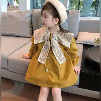 Toddler Kids Cotton Jackets Dresses for Girls Cute Trench Coat Spring Fall Children Long Sleeve Princess Dress with Bow 1