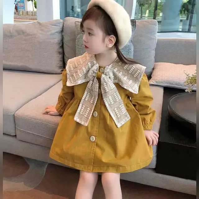 Toddler Kids Cotton Jackets Dresses for Girls Cute Trench Coat Spring Fall Children Long Sleeve Princess Dress with Bow 1