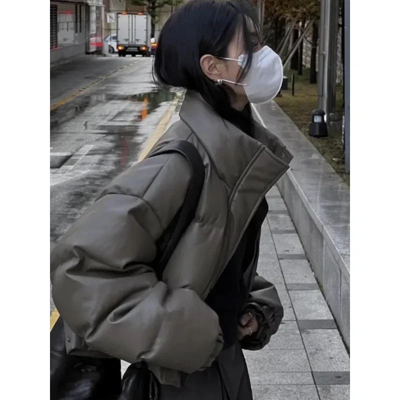 Пуховик из искусственной кожи с воротником-стойкой Южной Кореи одежда хлопковой