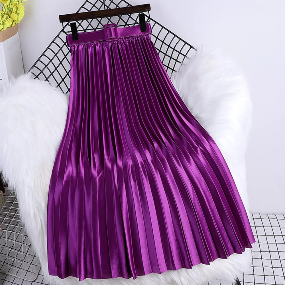 

SISHION Women Metallic Bright Satin Midi Skirts VD3932 Black White Purple Green High Waist Solid Color Long Pleated Skirt