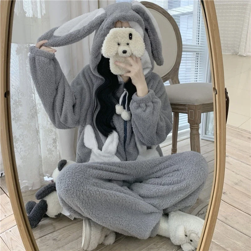 

Bunny Hooded Onesies Women Kigurumi Pajamas Cute Pijama Winter Warm Sleepwear Kawaii Female Nightwear Pyjamas Jumpsuit