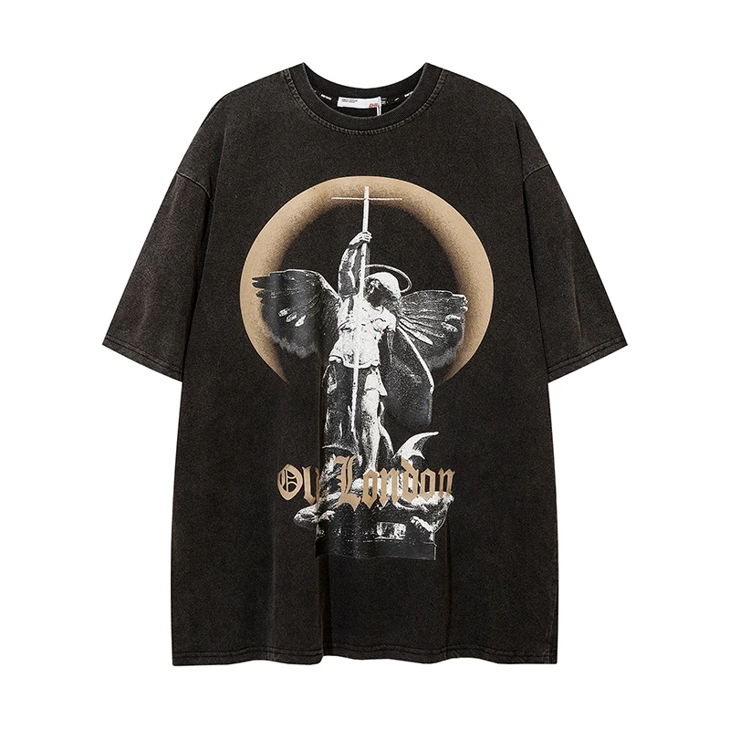 

Men Hip Hop Washed T Shirt Streetwear Letter Statue Printed T-Shirt Harajuku Cotton Loose 2022 Summer Tshirt Short Sleeve Tops