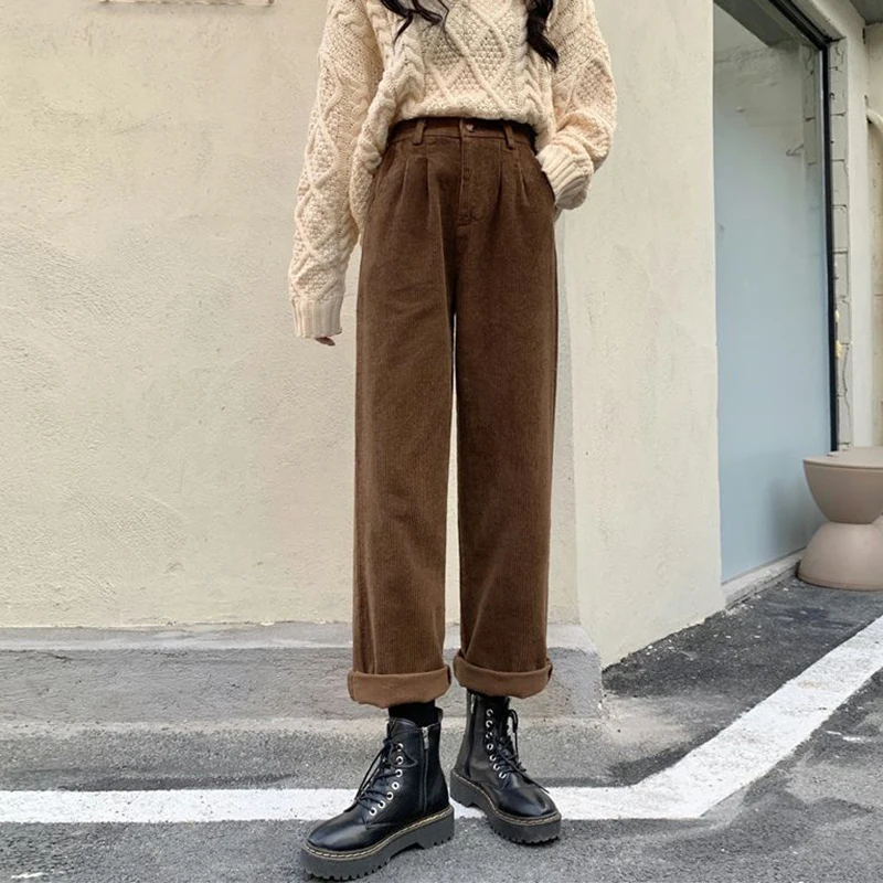 

New Autumn Winter Women Corduroy Pants Streetwear High Waist Wide Leg Pants Woman Vintage Brown Loose Straight Trousers