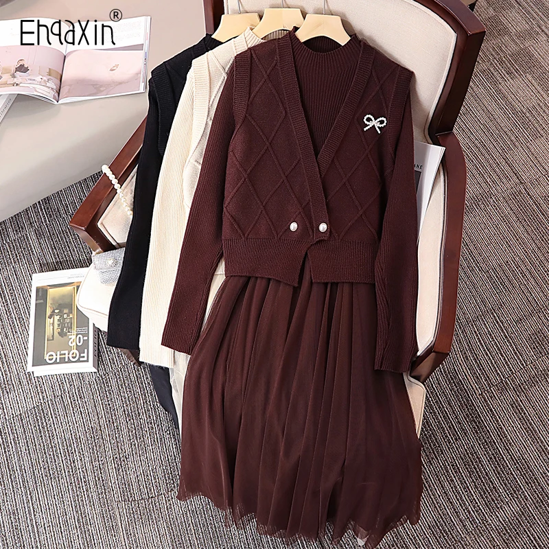 EHQAXIN Winter Women's Knitted Dress Set Fashion New V-Neck Button Knitted Vest+Casual Mesh Splice Knit Dress Two Pcs Set M-4XL