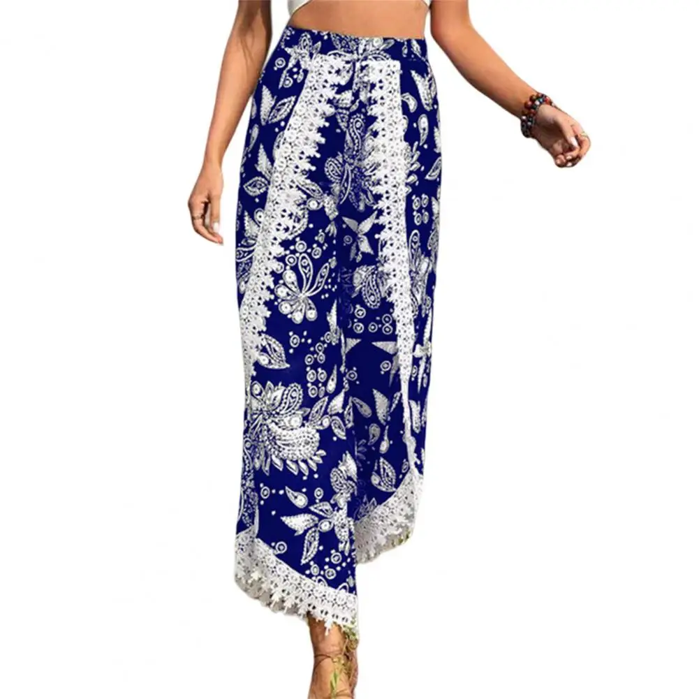 

Women Pants High Waist Elastic Waistband Wide Leg Cuffs Pants Retro Floral Print Lace Trim Casual Pants Streetwear