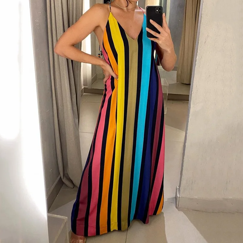 

Dress Female Striped Sleek Casual V-Neck Sling Long Dress Cross-Border Casual European & American Women's Clothing Summer 2022