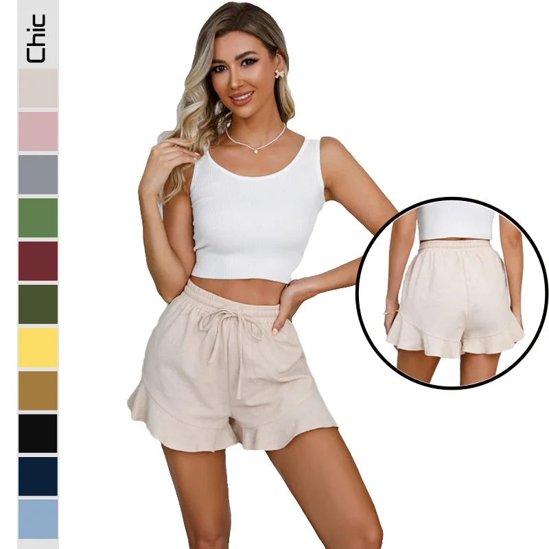 women's  cotton linen shorts summer elastic high waist drawstring casual solid shorts loose wide Leg short pants