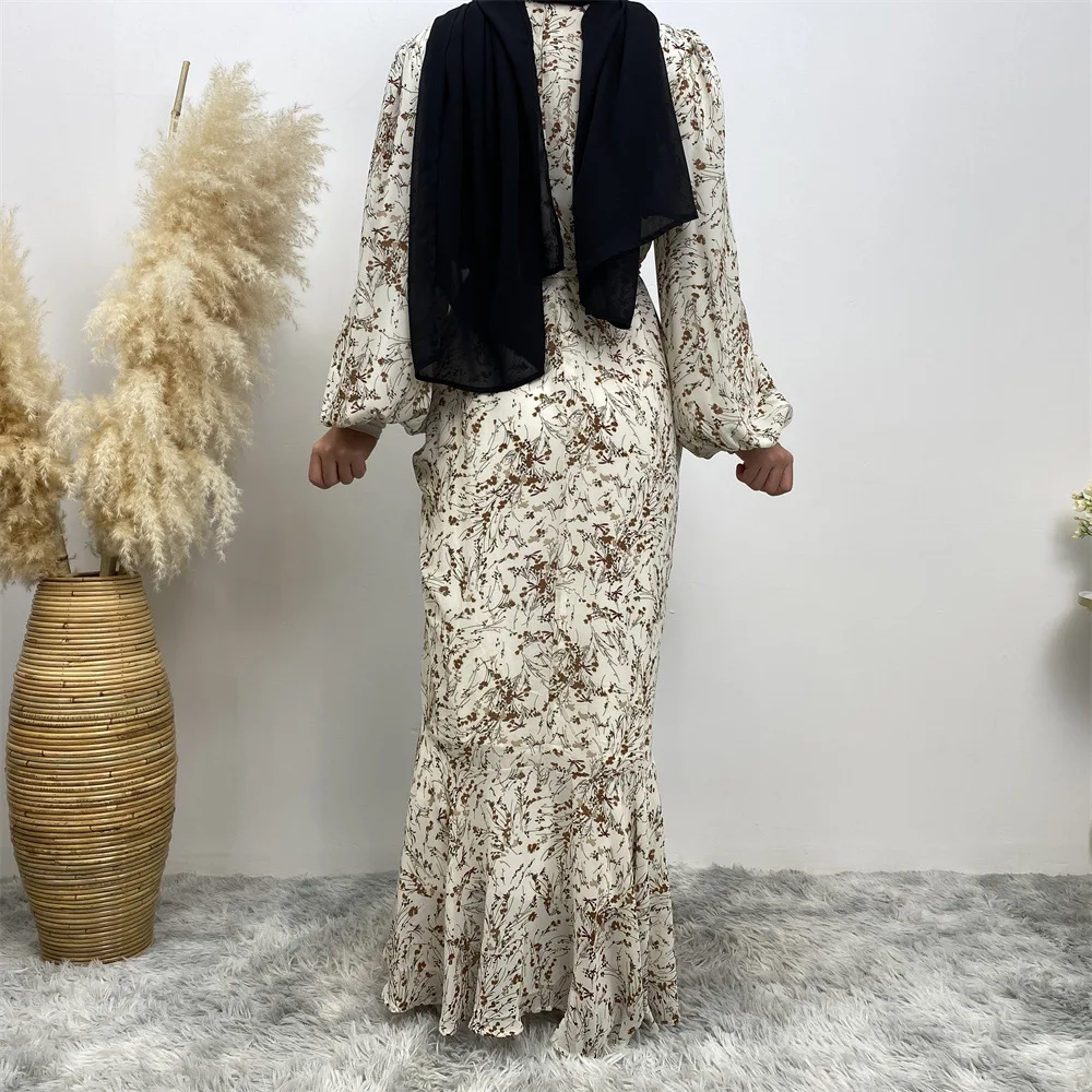 2023 Summer Fashion Elegant Muslim Floral Dress Round Neck Drawstring Print Long Sleeve Holiday Dress Robe Elegante Femme Kaftan