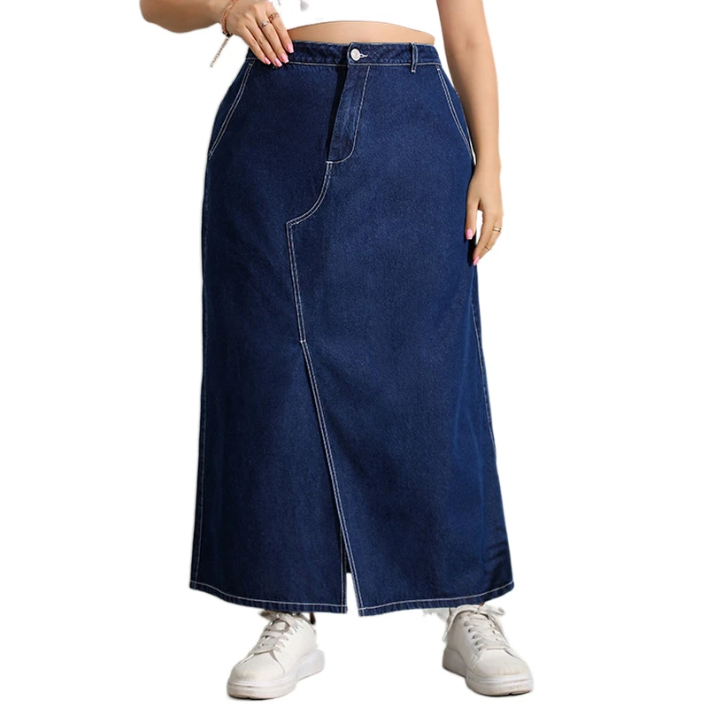 Women Plus Size Maxi Length Denim Skirt Women Streetwear Casual Pocket High Waist Straight Long Jeans Denim Pencil Skirt Blue