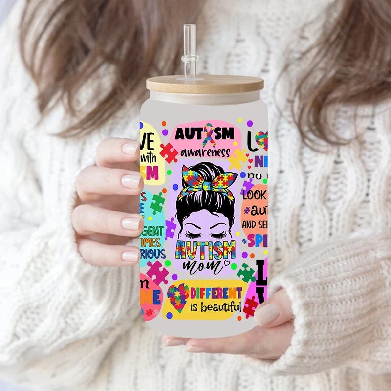 Мультяшный аутизм 3D UV DTF переводная наклейка для 16oz Libbey очки обертывает бутылки