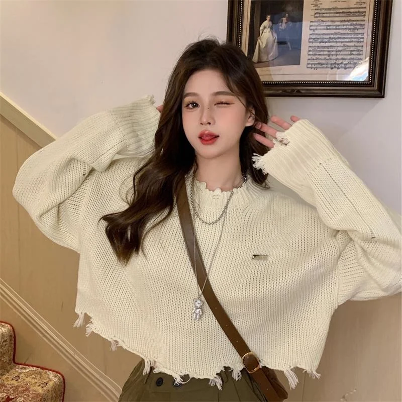

Вязаный укороченный свитер в Корейском стиле, Осенний женский винтажный Топ с длинным рукавом и круглым вырезом, однотонный пуловер, пикант...