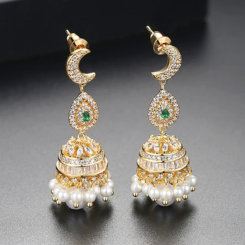 

Retro Indian Jhumka Jhumki Beads Bell Crystal Drop Earrings Copper Gold Color Aaa Zircon Women Pearl Wedding Jewelry Accessories