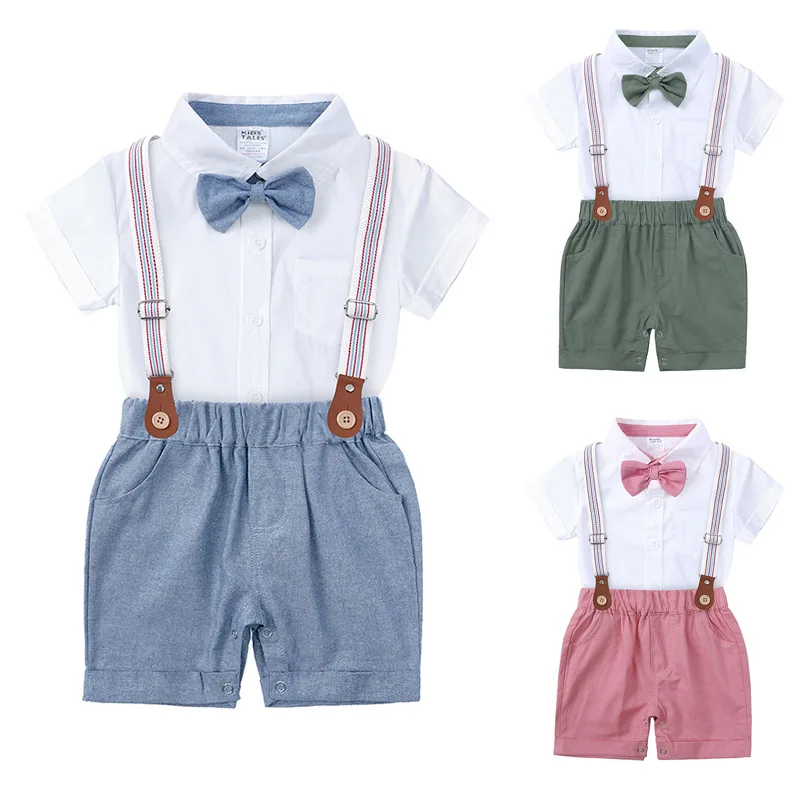 

Toddler Baby Boys Gentleman Suits Kids Clothes Outfits 2Pcs Bow Tie Romper Tops Bib Short Pants Overalls Formal Clothes Set