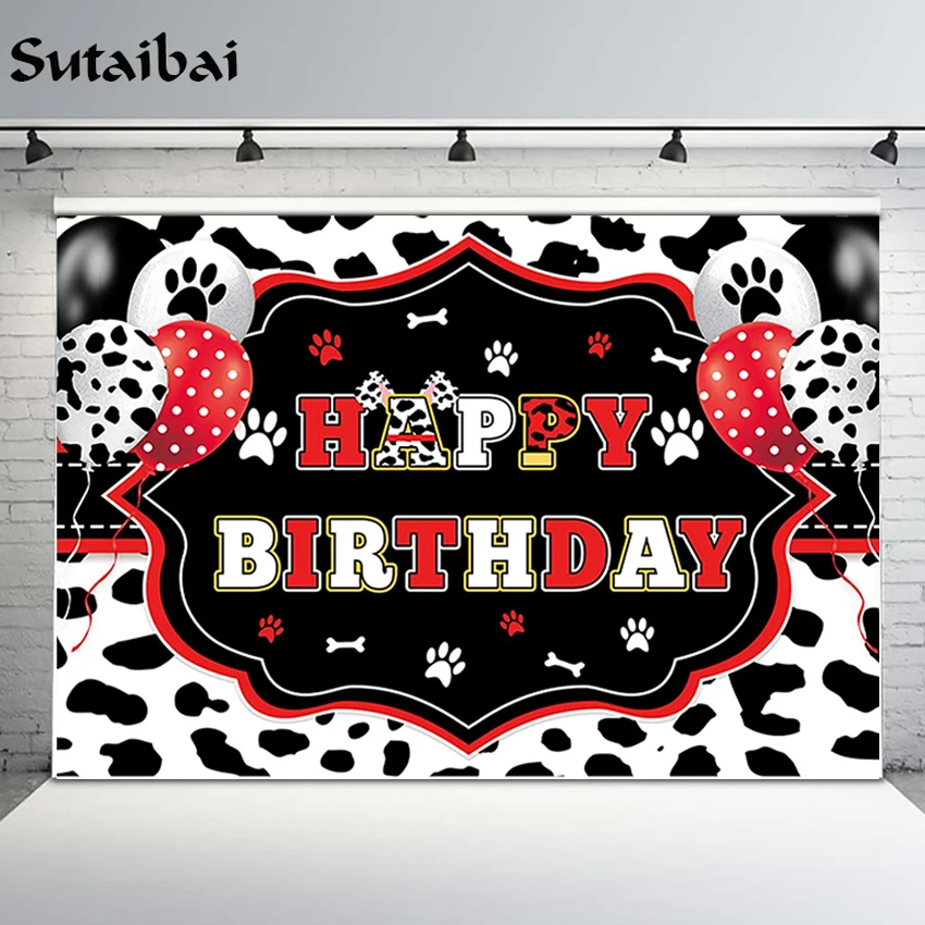 Dog Birthday Party Backdrop Puppy Happy Banner Black White Dots Paws Photography Background Balloon Decoration Supplies Props