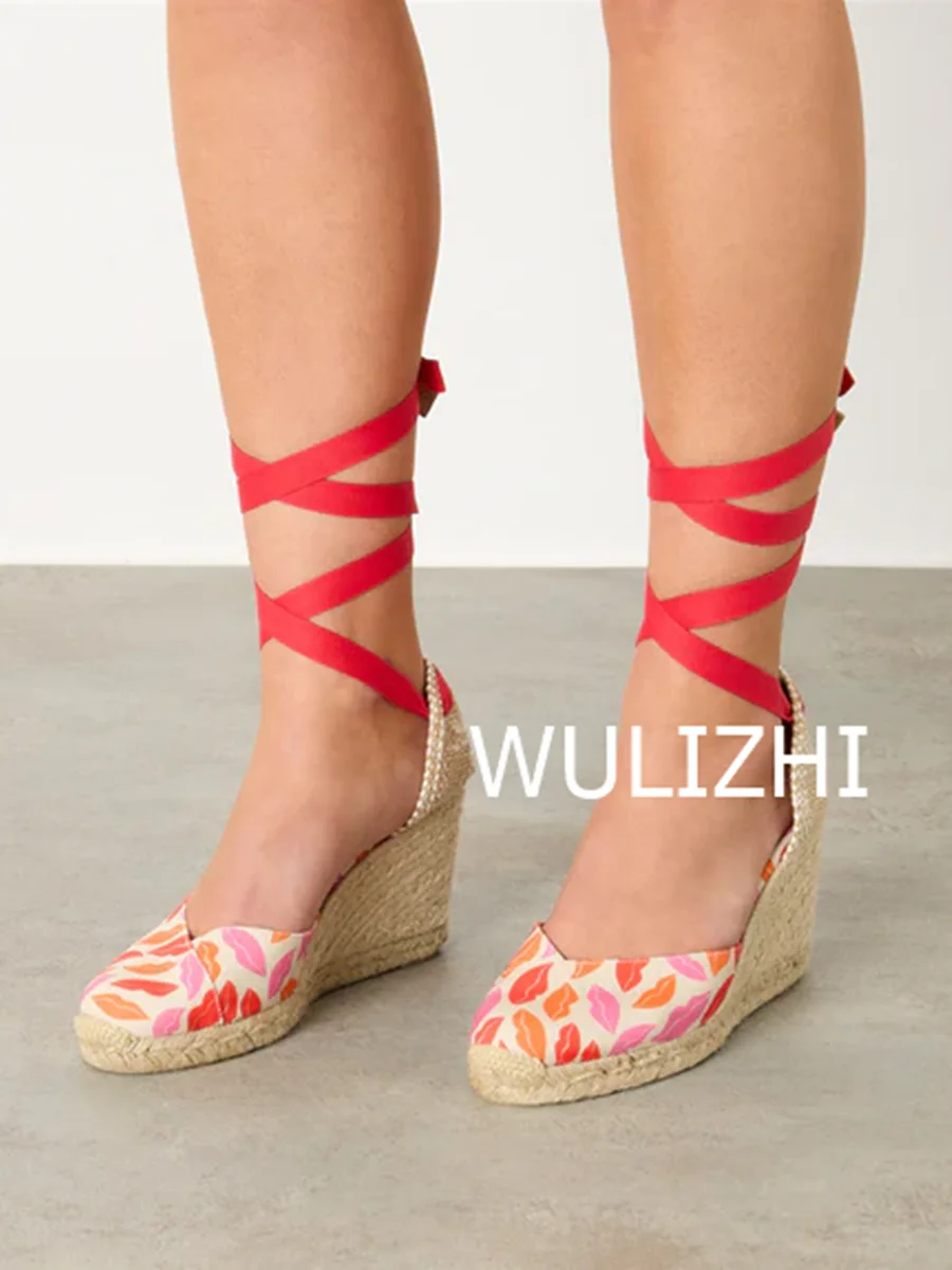 Red Ribbon Wrap Wedge Espadarille Sandals Woman Lipstick Graffiti Print Design Cover Straw Gladiator Elegant Beach Casual Shoes
