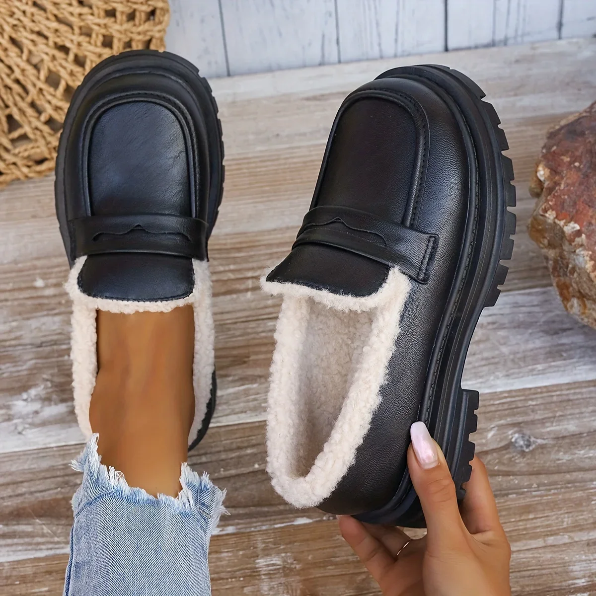 Женские однотонные пушистые лоферы удобная теплая обувь на мягкой подошве и