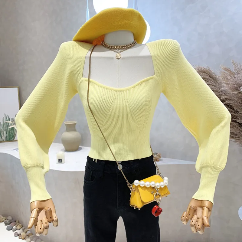 

Niche Design New Women's Clothing 2022 Spring Square Collar Slim Solid Color Lantern Sleeve Sweater Knit Shirt Top Pull Femme