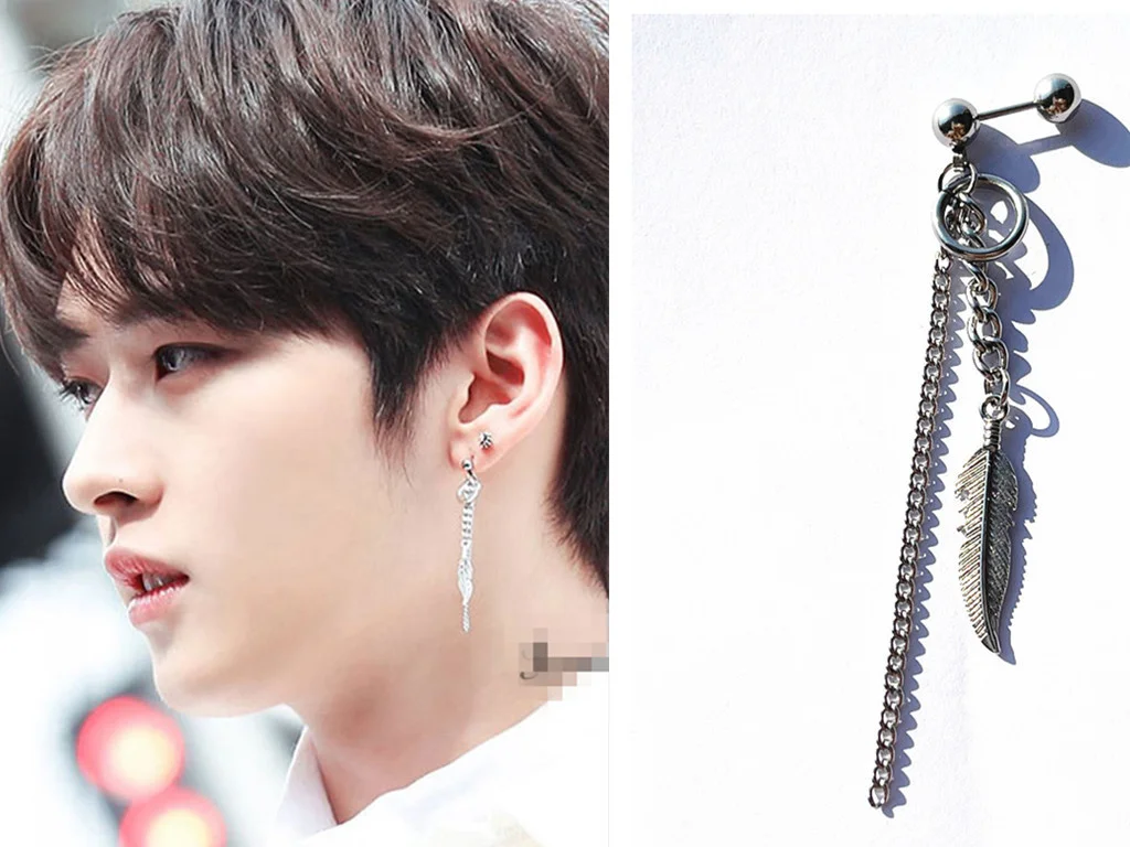 

KPOP stray kids LeeKnow Li Haowen same high quality earrings small circle chain feather earrings ear clip gift fan collection