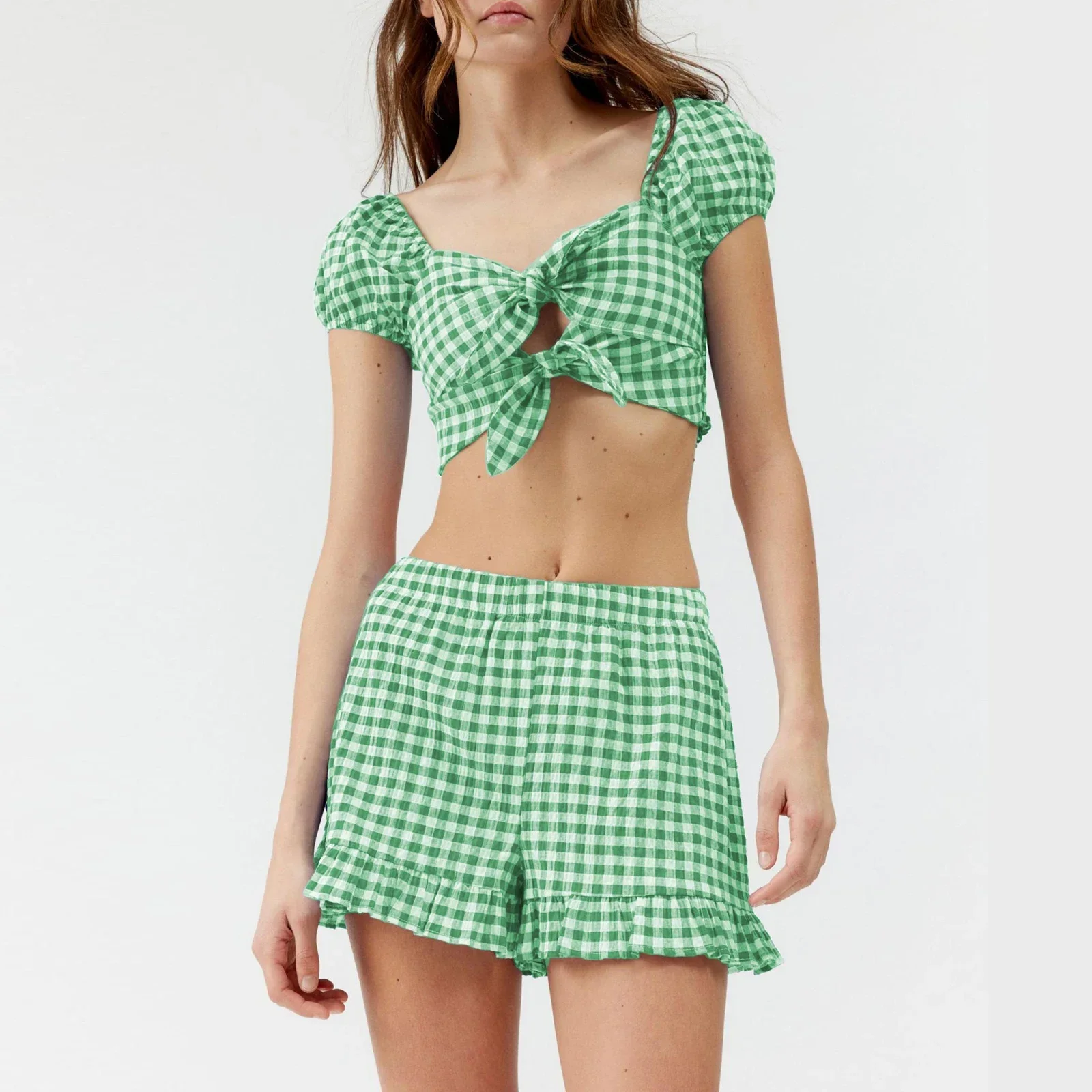 Летняя женская мода комплект из 2 предметов клетчатый укороченный топ с вырезом в