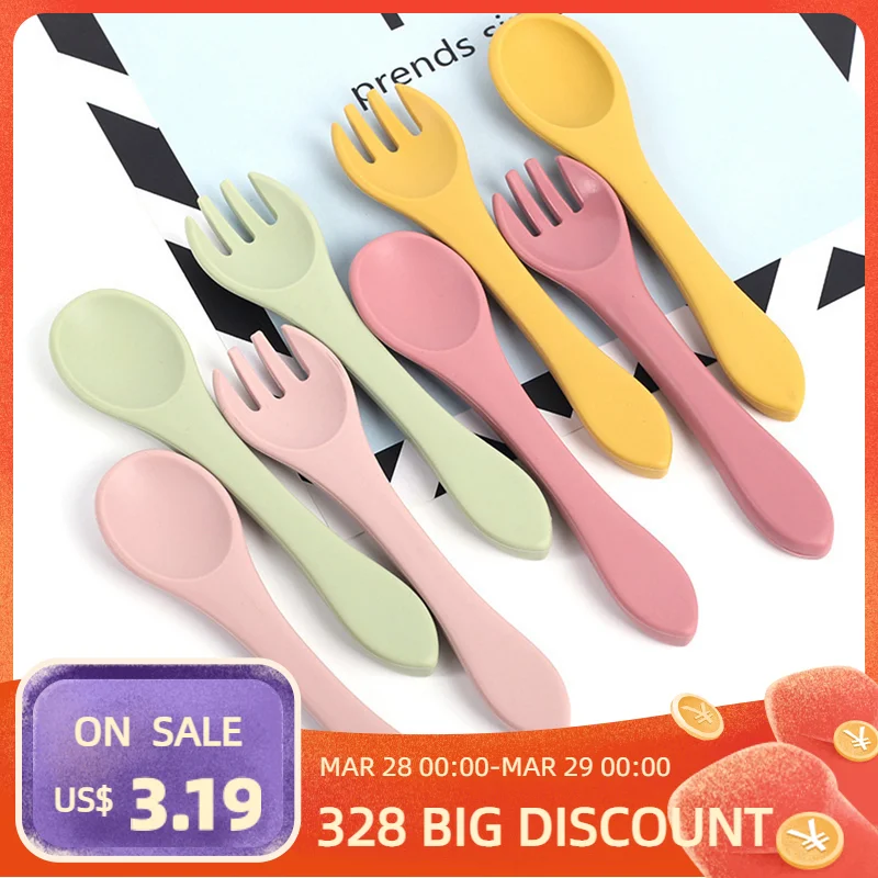 

Набор ложки и вилки для кормления ребенка, детская посуда из пищевого силикона, безопасная посуда карамельных цветов, дополнительные блюда,...