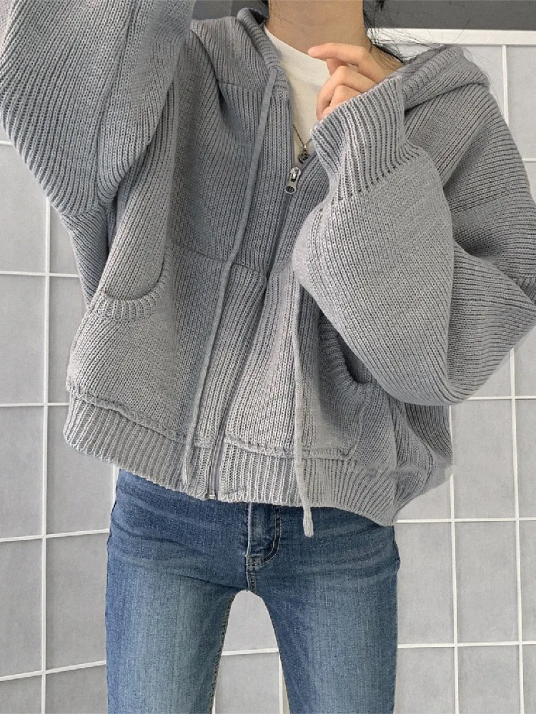 

Autumn Winter Vintage Hooded Zipper Sweater Cardigan Women Korean Fashion Long Sleeve Loose Casual Hoodies Jacket Coats Female