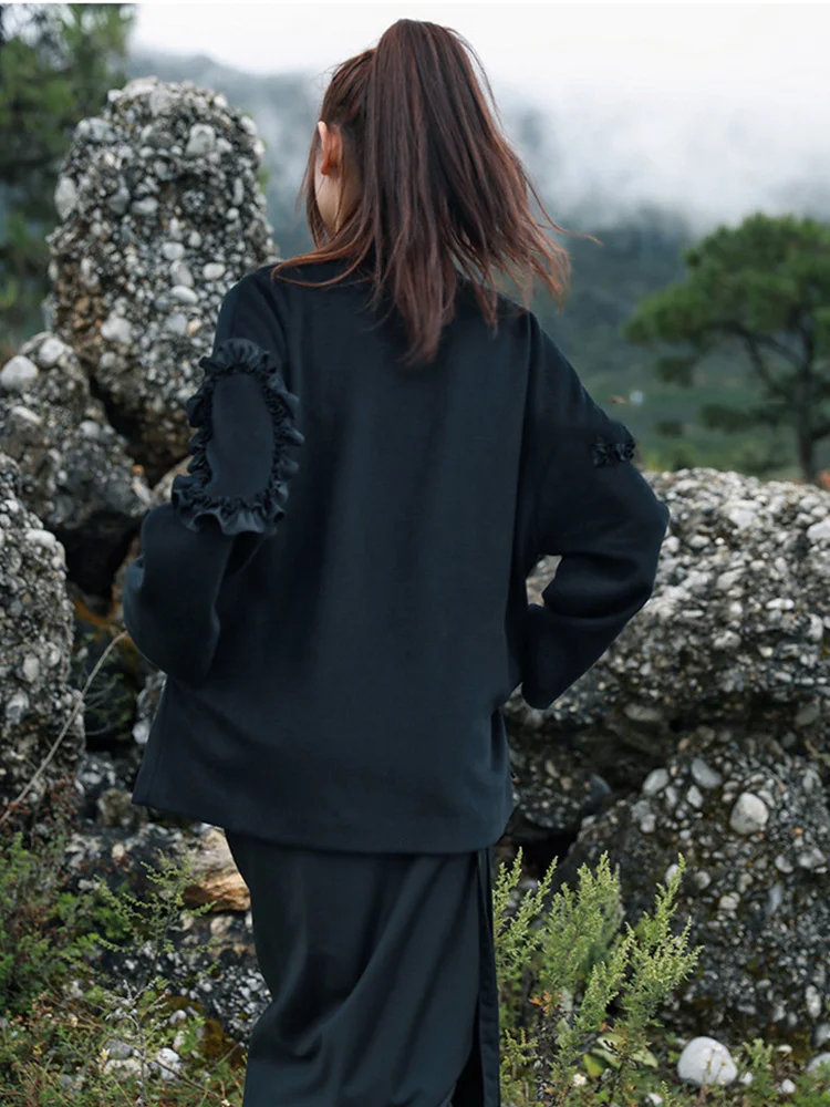 

Ruffle Blends Fashion Women Black Small Fresh Single Breast Solid Color Irregular Casual Style 2023 Autumn Coat