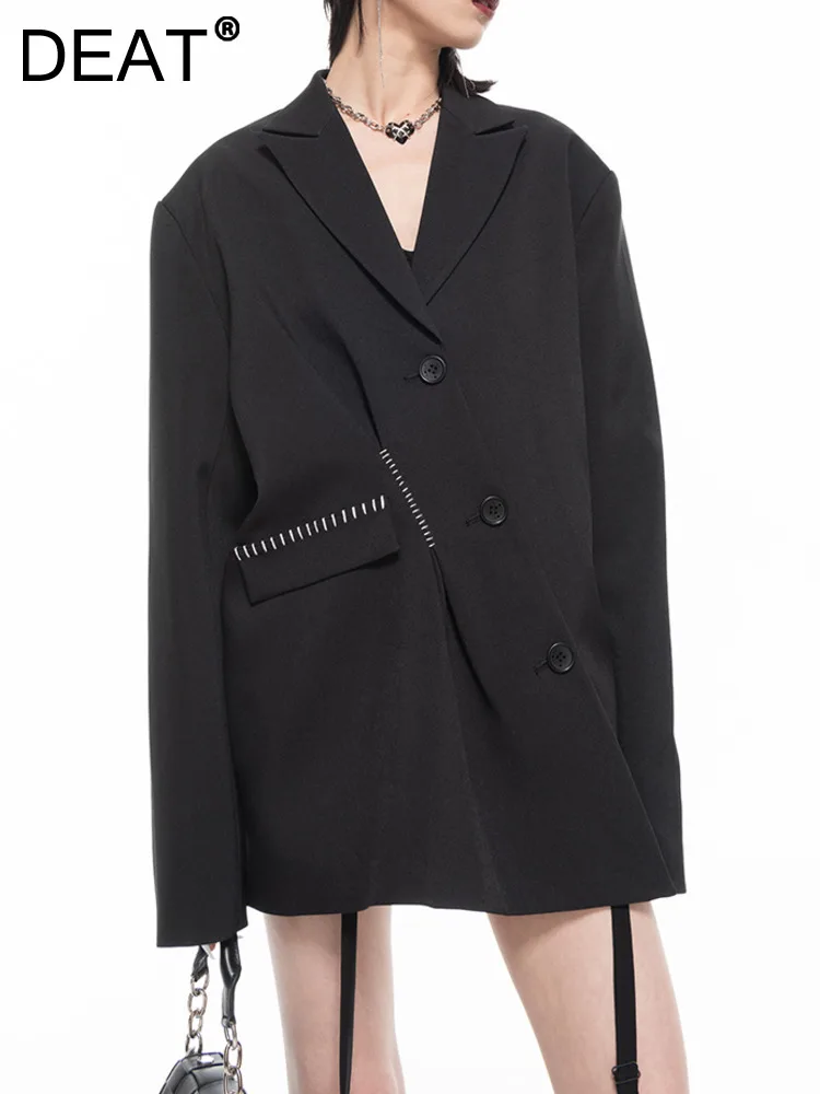 

DEAT Fashion Women's Blazer Notched Collar Diagonal Placket Pinch Pleats Open Bright Line Suit Jackets Autumn 2023 New 17A9652