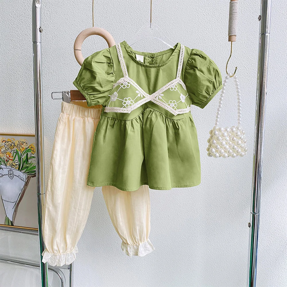 

Menoea/летние Зеленые комплекты одежды для девочек комплект из двух предметов: кружевной топ с короткими рукавами + штаны, детский комплект одежды