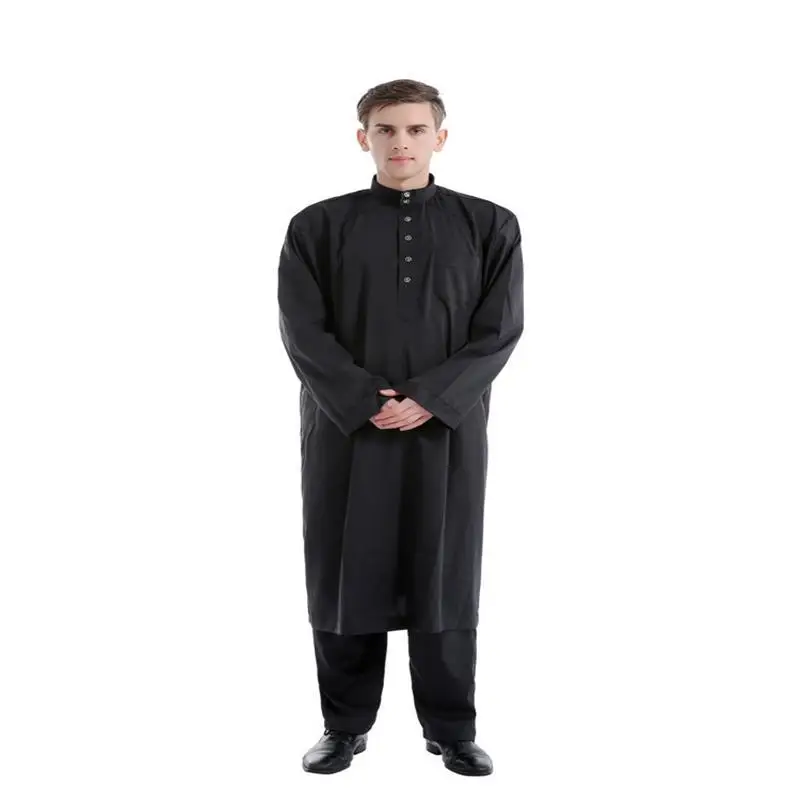 Men's New Arab Muslim Middle East Solid Color Robe Pants Two-Piece Set