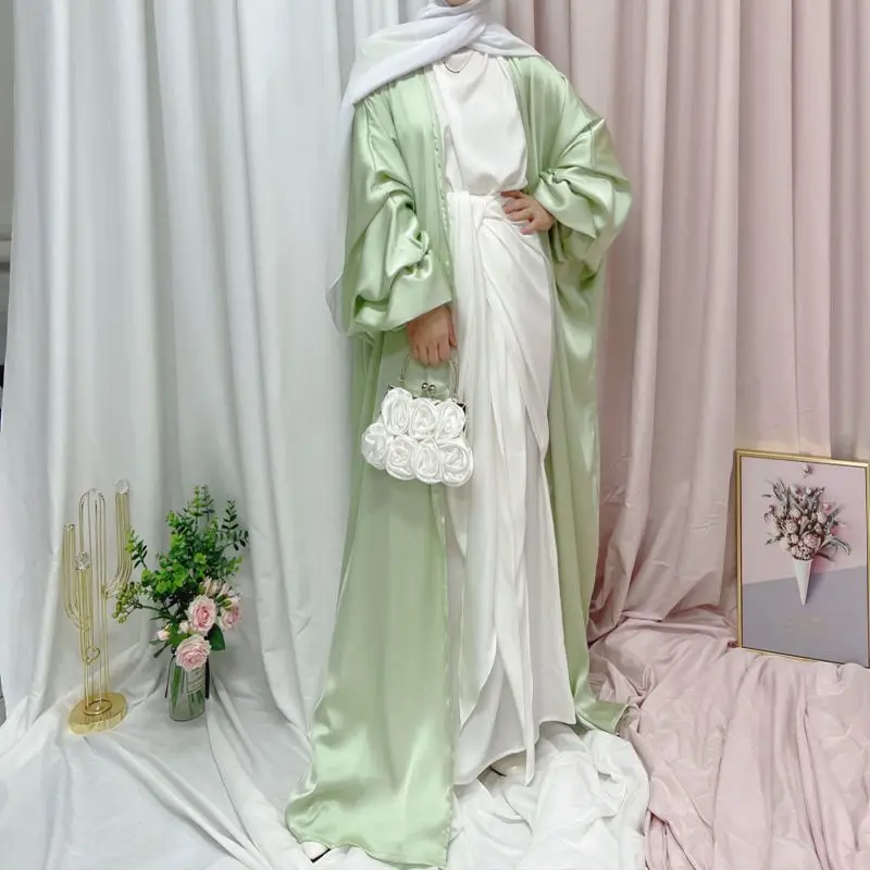 Eid Open Abaya Kimono Women Fashion Hijab Puff Sleeves Muslim Dress Satin Abaya Dubai Turkey Kaftan Islam Clothes Djellaba Femme
