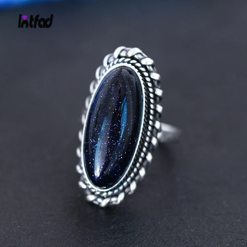 925 Sterling Silver Ring Jewelry Vintage Blue Sandstone Large Stone Luxury Elegant Ring Fine Gift  Rings for Women Men