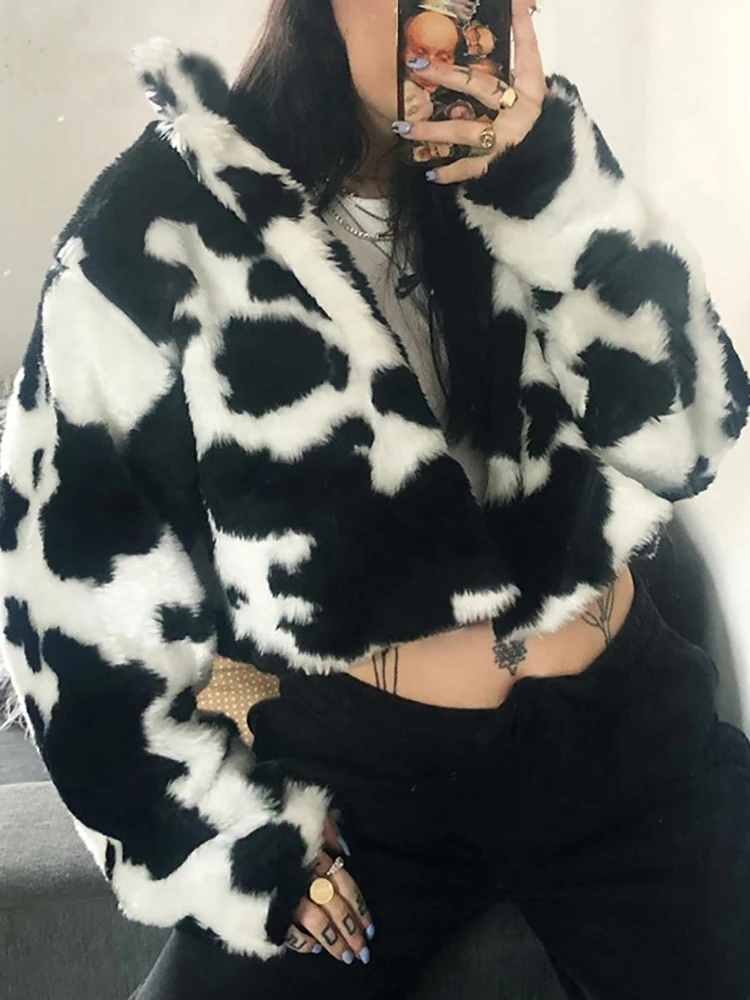 Punk Style Gothic Crop Faux Fur Coats Fashion Blocking Long Sleeve Cute Cow Women Cardigan Jackets Warm Streetwear Overcoat 2023