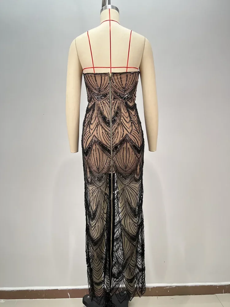 Женское роскошное сексуальное Сетчатое платье макси без бретелек с блестками