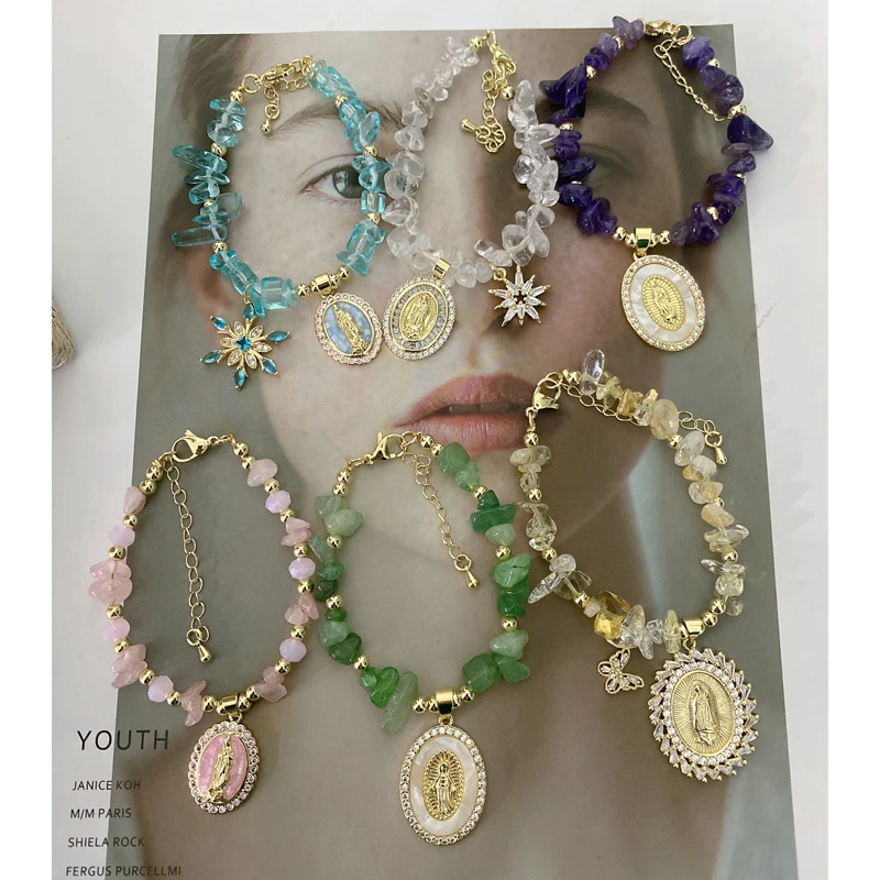 

5Pcs/Lot Religious Catholic Jewelry Gold Plated Charms Bracelet With Irregular Gemstones Freshwater Pearls Beads Handmade