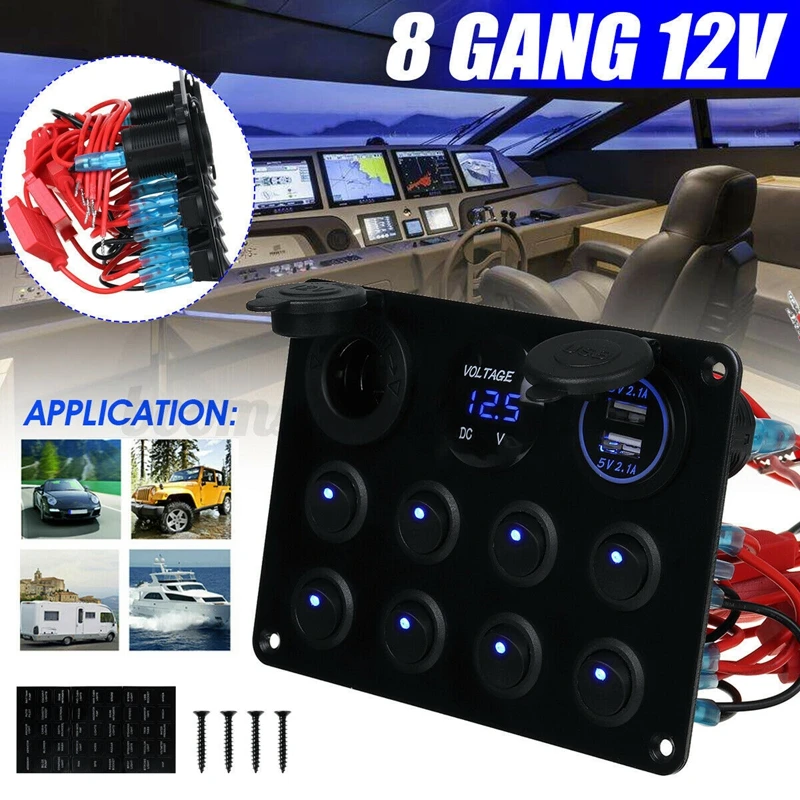 

8 Gang Dual USB Digital Voltmeter LED Button Rocker Toggle Panel Switch For Car Truck Marine Boat RV ATV UTV Camper Caravan