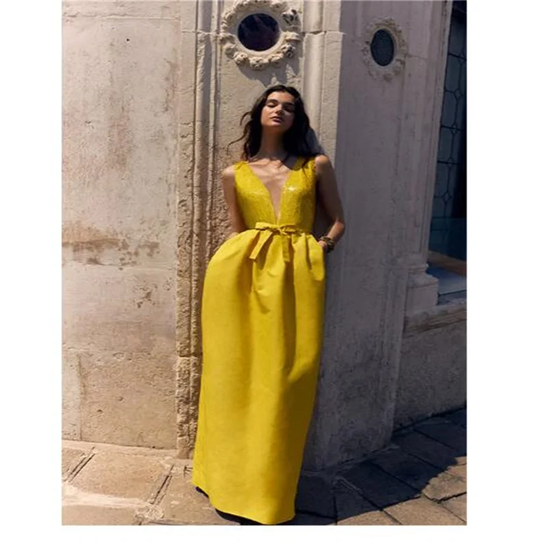 Новое желтое платье MULONG с V-образным вырезом ТРАПЕЦИЕВИДНОЕ Черное женское