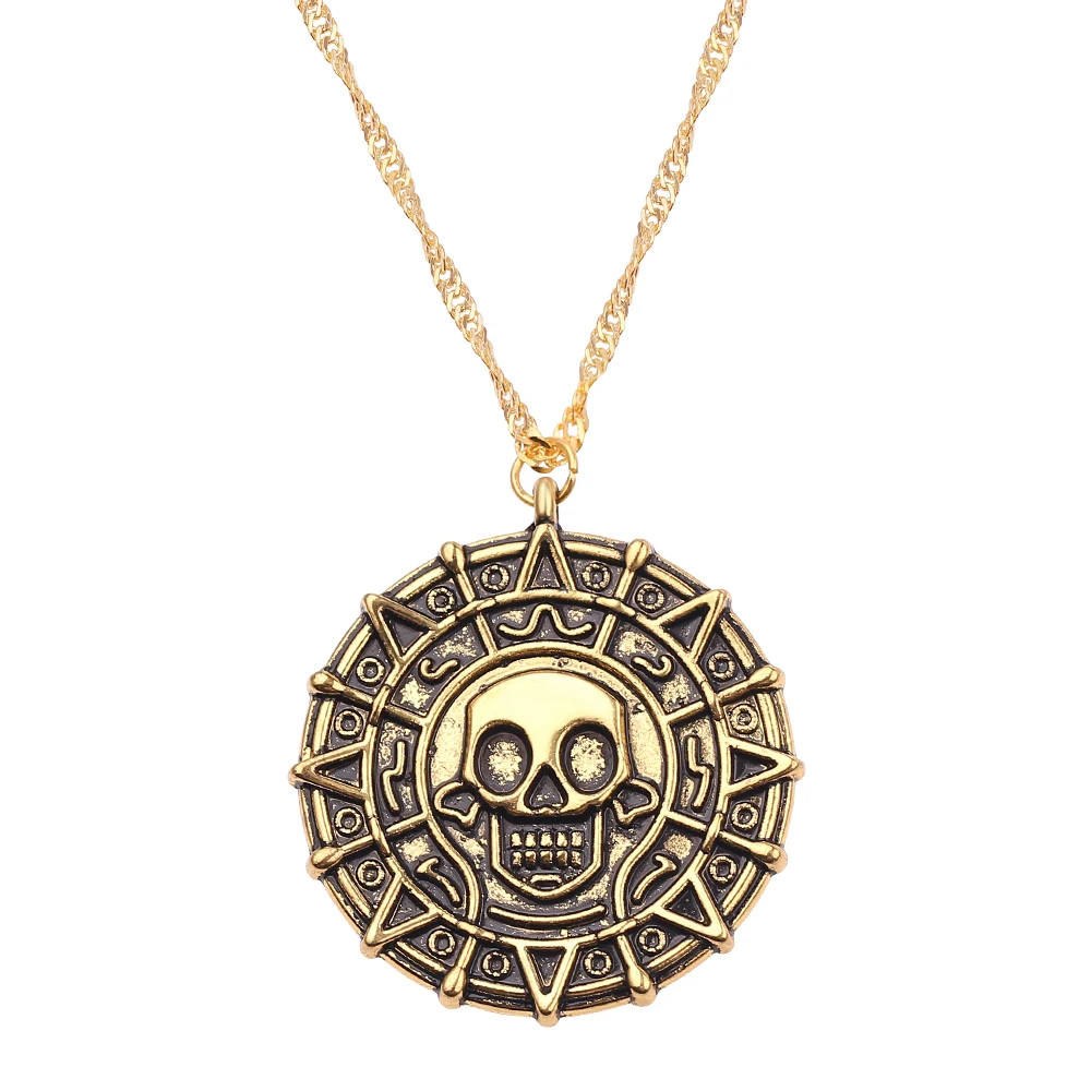 Wholesale 10 Pcs Pirates Of The Caribbean Necklace Jack Sparrow Aztec Coin Medallion Johnny Depp Gold Bronze Pendant Jewelry