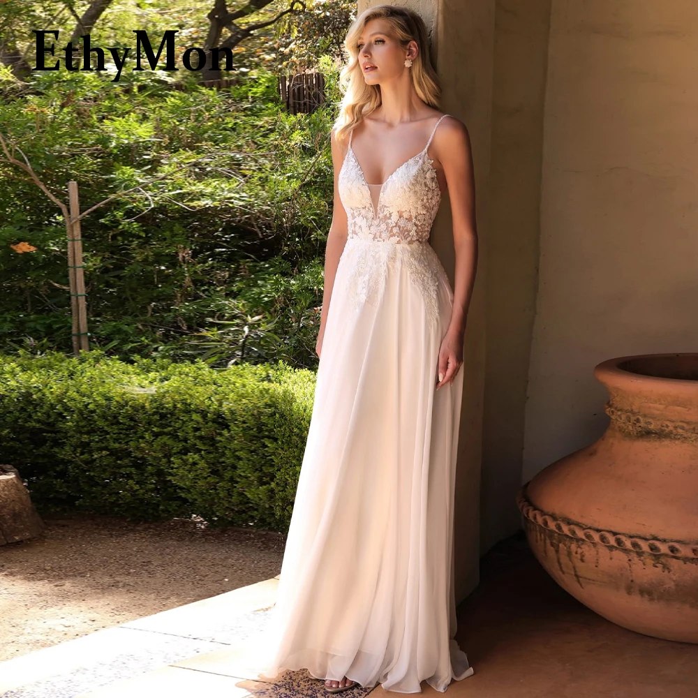 

Ethymon Elegant Spaghettii Straps V-Neck Sleeveless Wedding Dresses For Women Floral Print Robe De Mariée Personalised Illusion