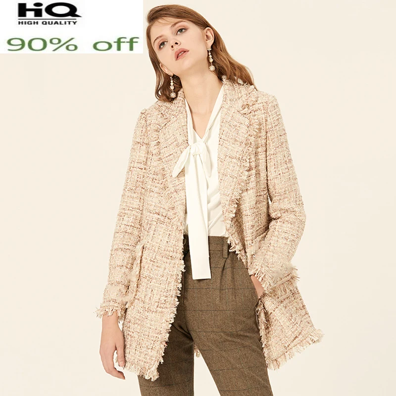 

shiny Tweed sequin fabric double-breasted autumn women's jacket loose ladies tassel large size woolen coat