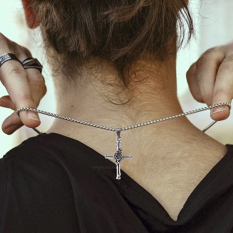 

Rose Cross Necklace for Men,Stainless Steel Floral Cross Necklace,Cross Jewelry,Religious Necklace