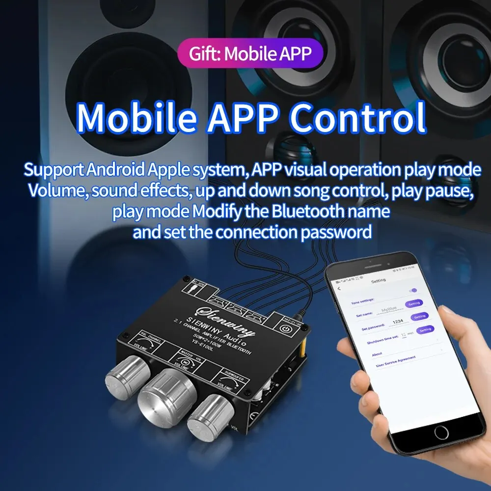 Стереоусилитель Bluetooth 5.1 2 1-канальный усилитель сабвуфера 50WX2 с управлением через