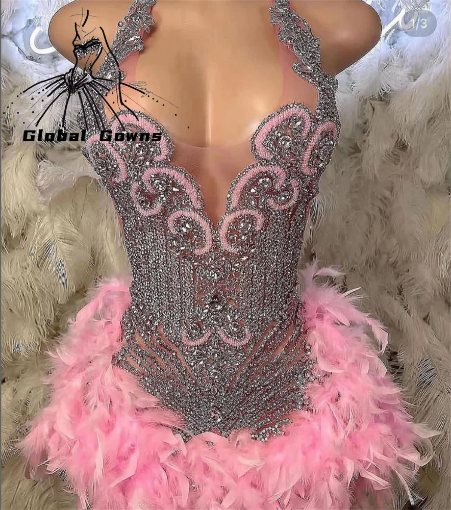 

Pink Feathers Short Prom Dresses Black Girls Crystal Beading Birthday Party Dress Luxury 2023 Mini Cocktail Gowns Robe De Bal