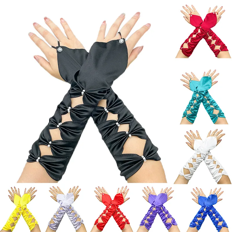 

Women Elegant Long Elastic Satin Pleated Gloves Wedding Bridal Long Sleeves Gloves Evening Party Prom Gloves Hook-finger Sleeves
