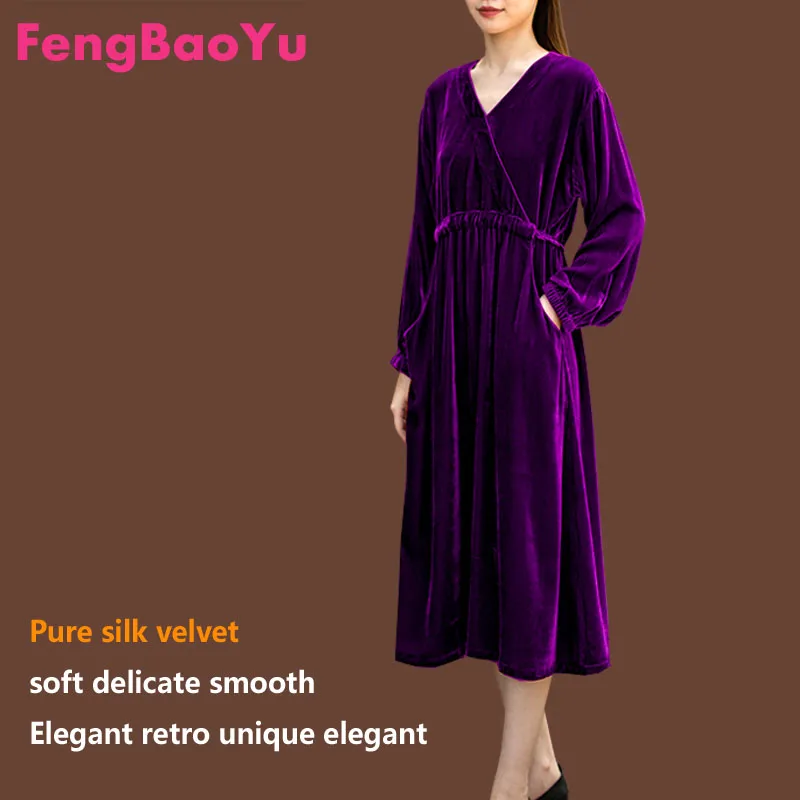 Fengbaoyu Velvet Spring and Autumn Lady Long-sleeved V-collar Medium-long Dress Light Extravagant Temperament Purple Dress 5XL